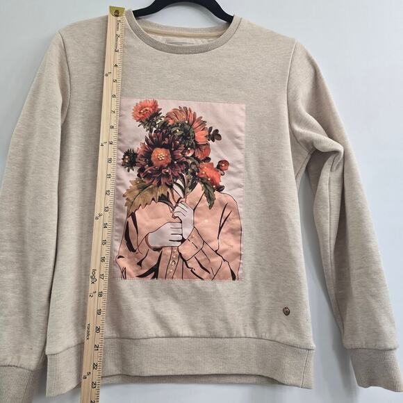 Women’s Sweatshirt M Beige Crewneck Floral Graphic Cozy Casual Streetwear Artsy - Picture 6 of 7